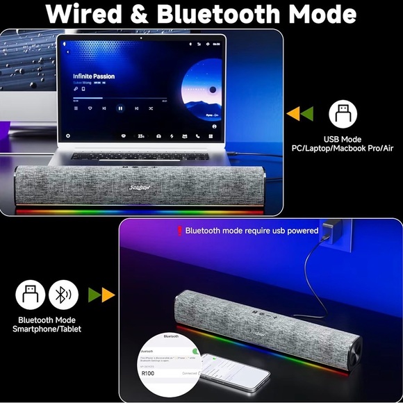 R100 Bluetooth / Wired Computer Monitor Speakers LED Light - Picture 4 of 7